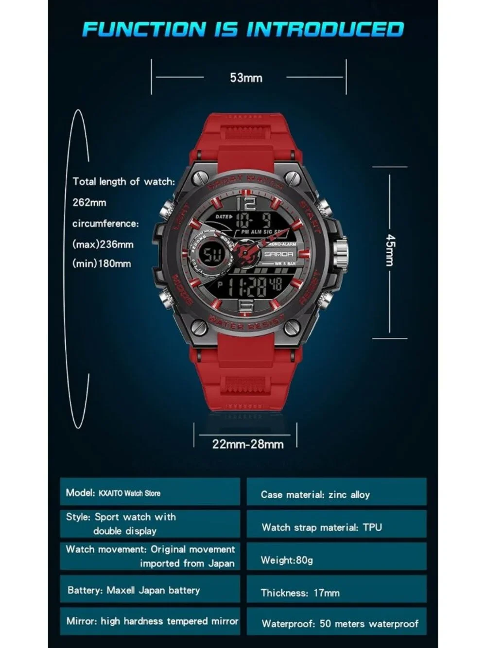 Men's Red And Black Analog Quartz Sports Waterproof Military LED Digital Watch